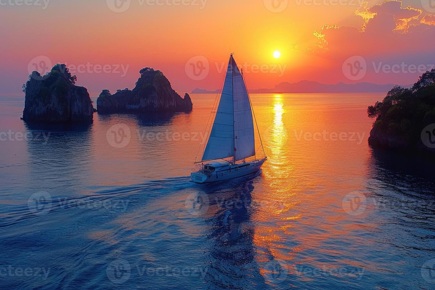 a wide view of the sea among Islands with the yacht sailing on sunset professional photography photo