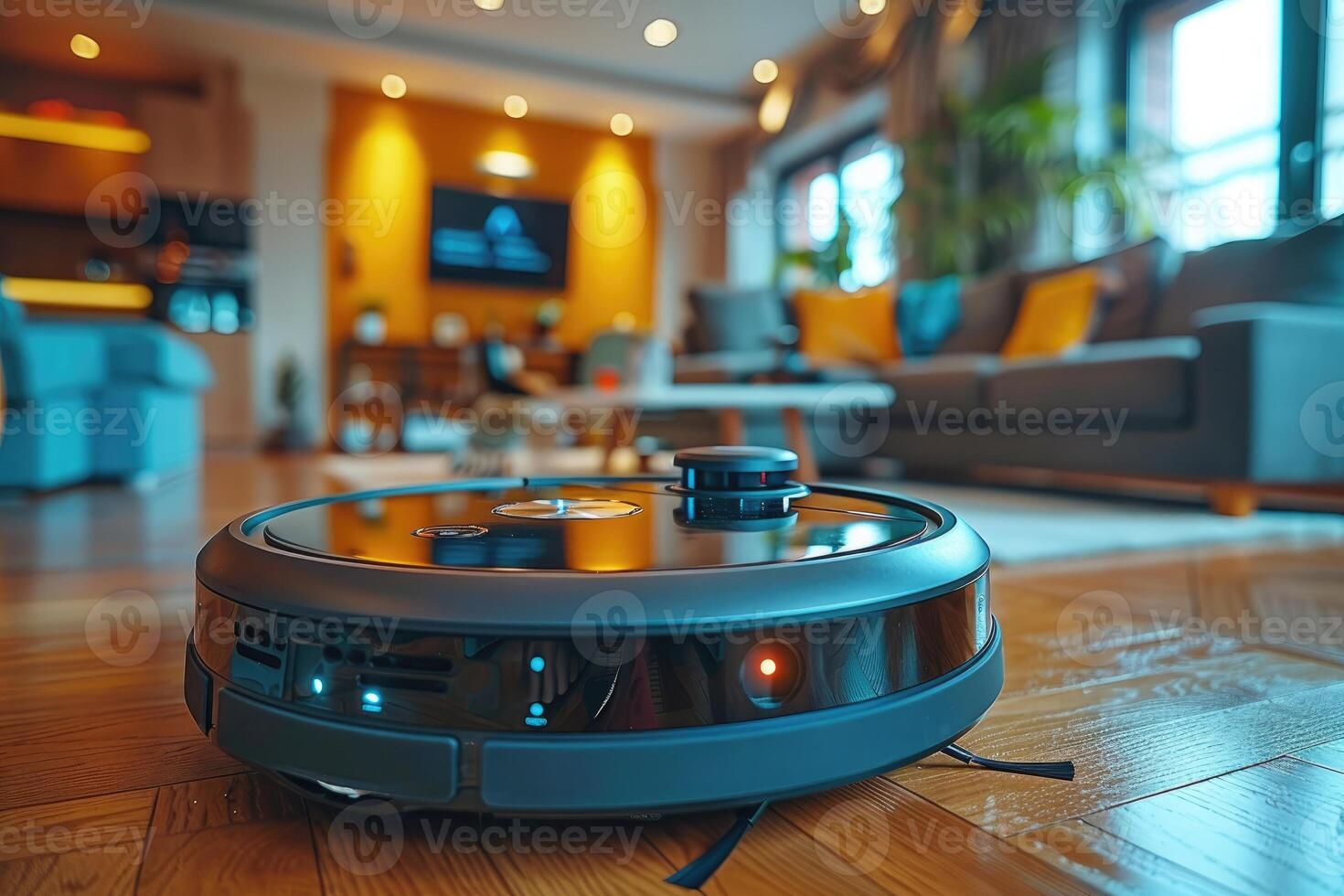 cleaning robot in scandinavian style living room professional photography photo