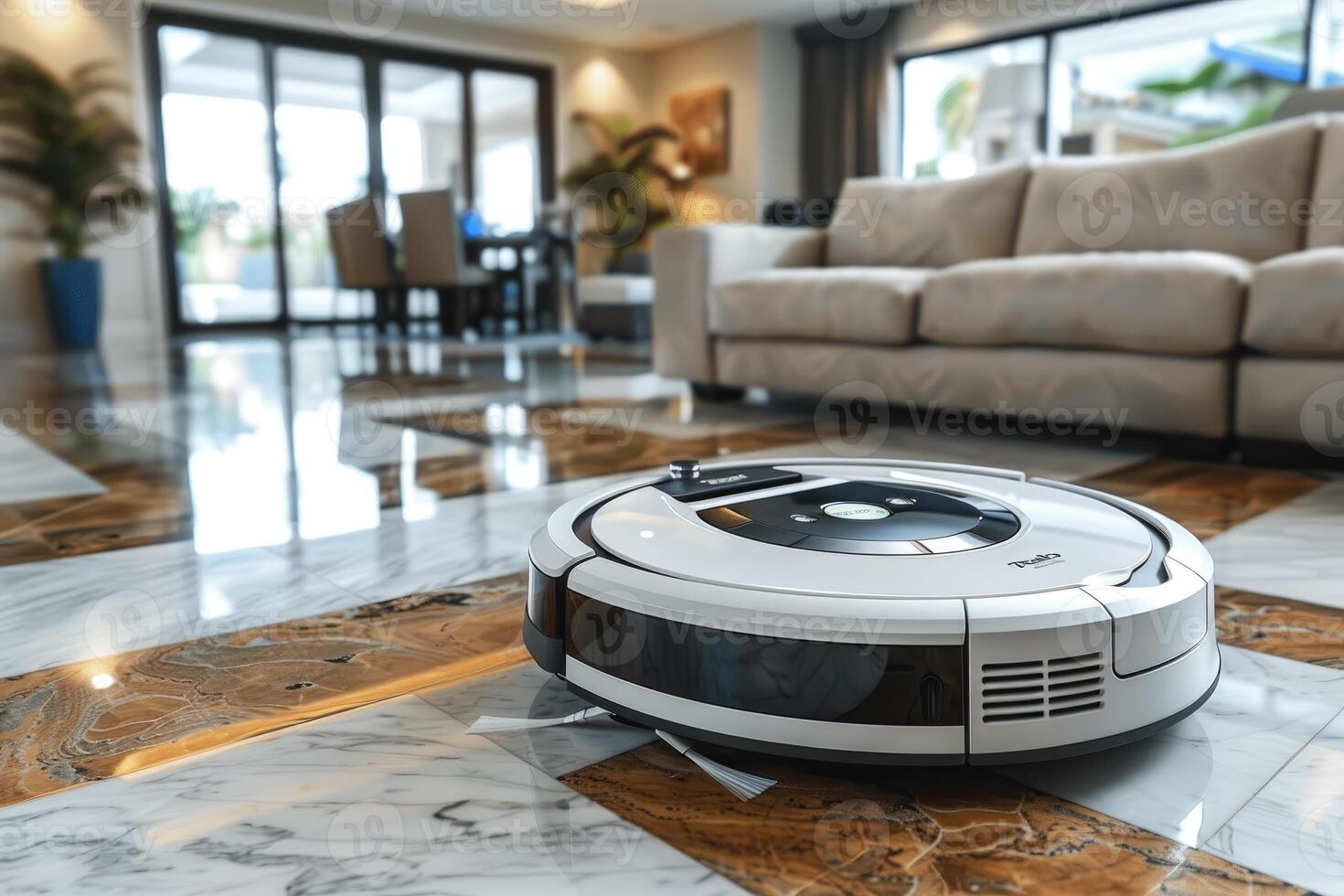cleaning robot in scandinavian style living room professional photography photo