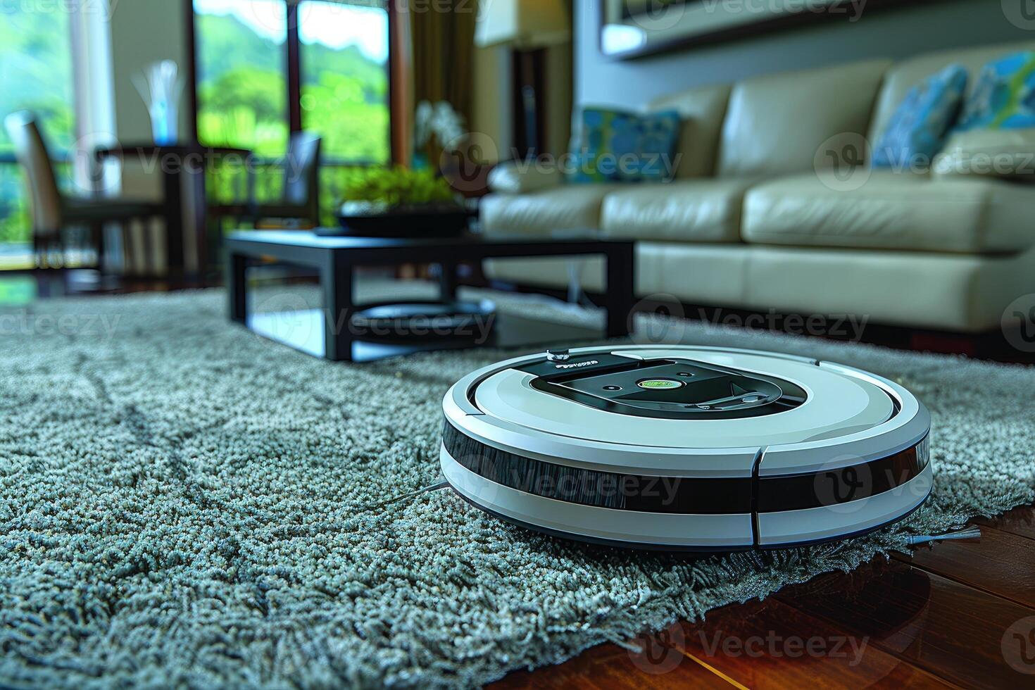 cleaning robot in scandinavian style living room professional photography photo