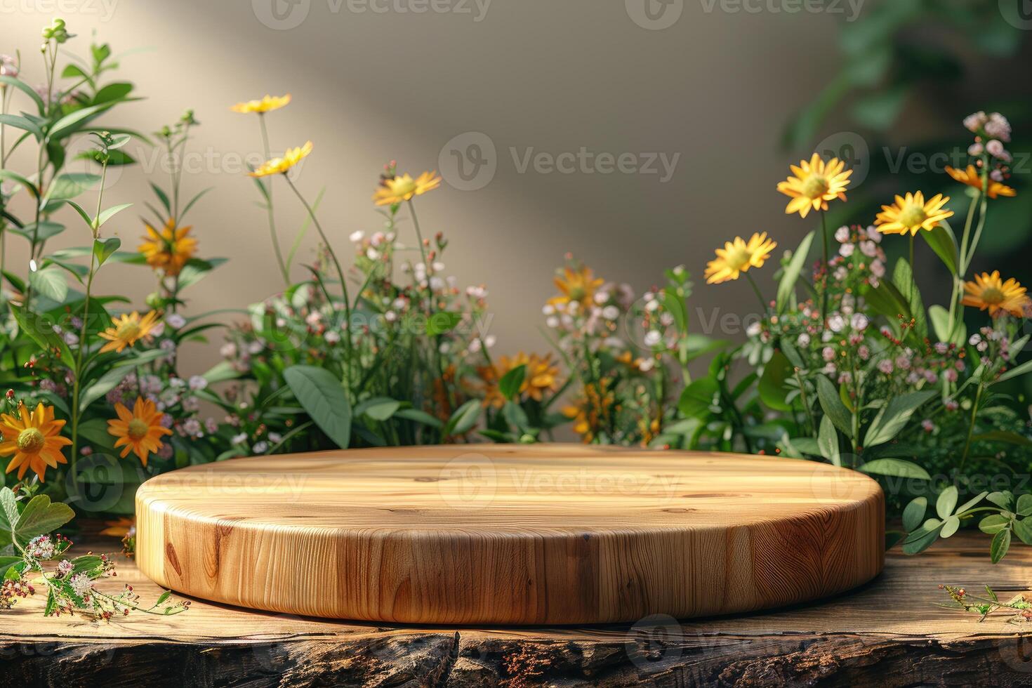 wooden table with sunlight and shadow of flowers professional photography photo