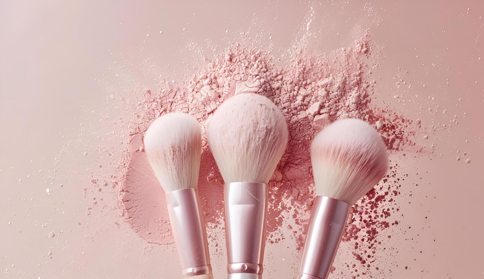 Cosmetic brushes and explosion pink powders on pink background photo