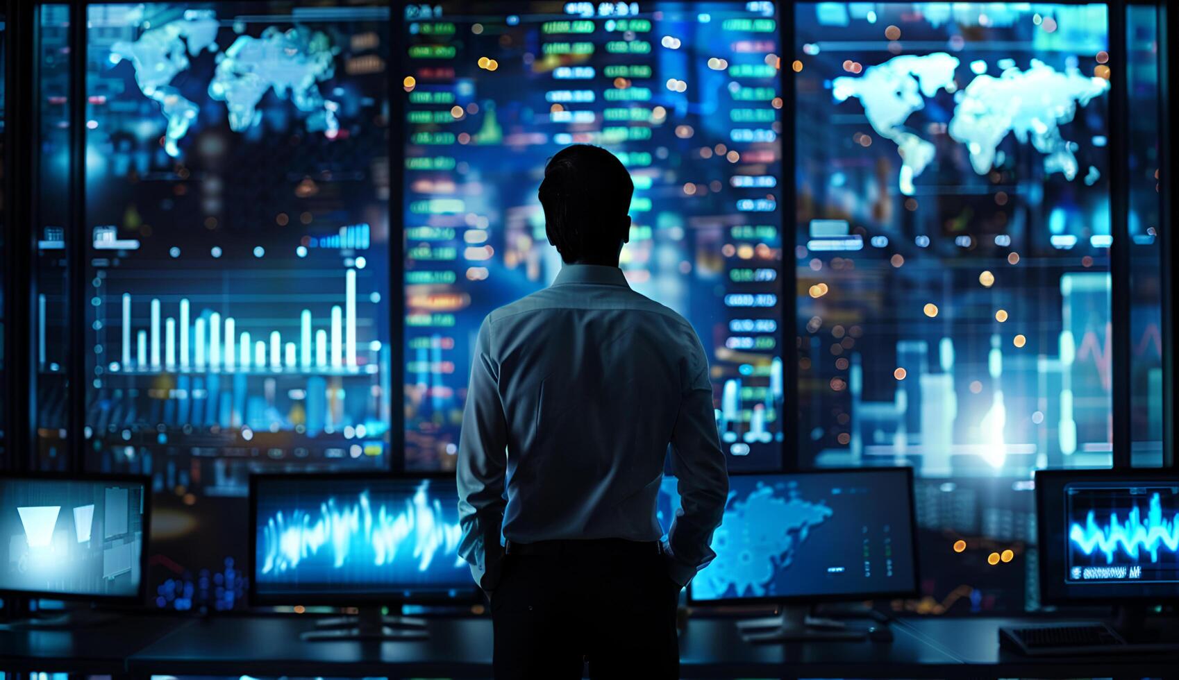 Businessman looking at monitors with stock market data on the screen.Businessman Surrounded by Screens Displaying Stock Market Graphs photo