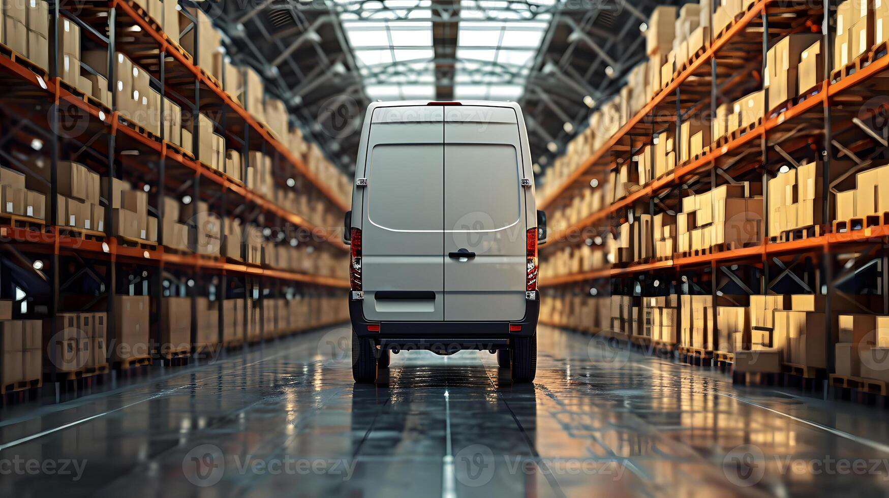 Photo of the back of white van waiting to load packages for onward delivery to customers. Logistics and delivery concept