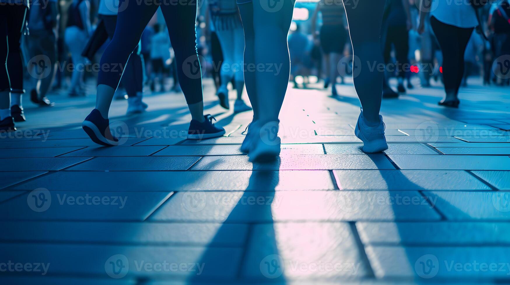 People's feet walking down the street. Only the legs are visible in the photo