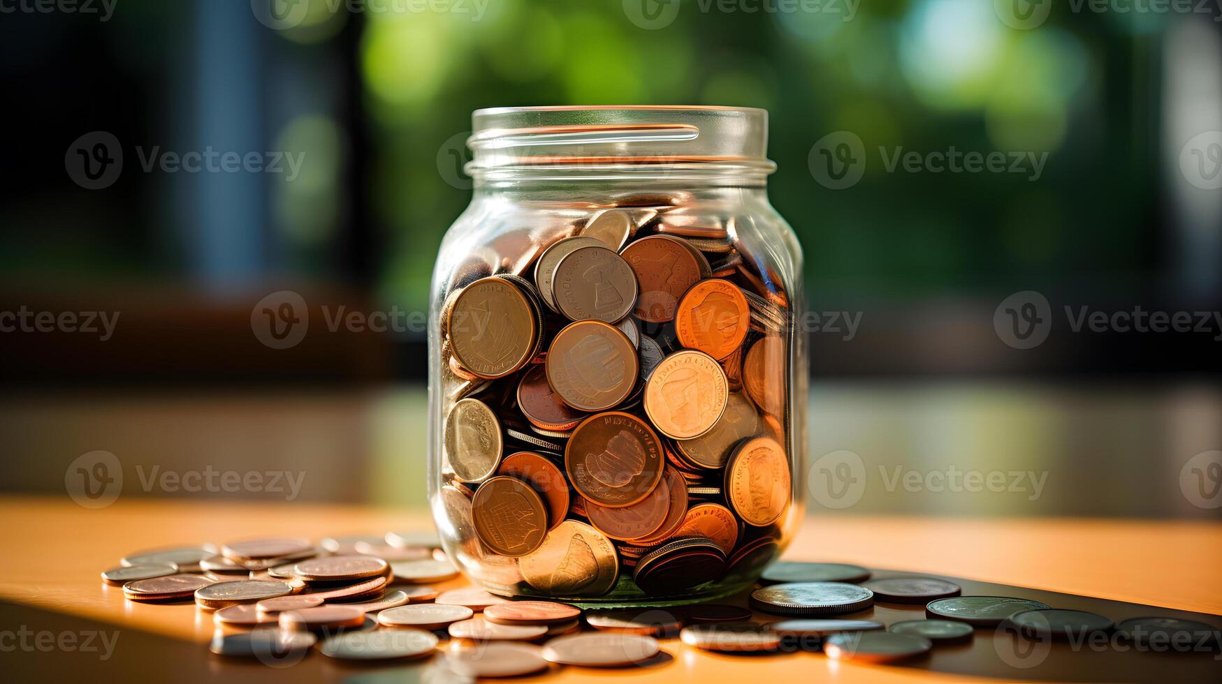 Large number of coins in glass jar. Saving or collecting money for specific purpose. Management and money collection concept photo