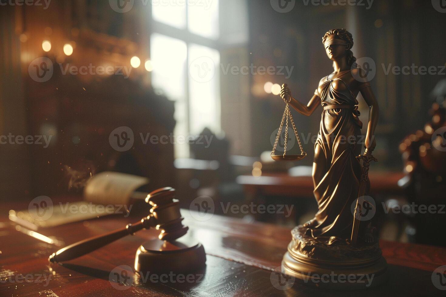Miniature image of Themis with scales and sword in her hands. There is a judge's gavel on the table. Justice concept within walls of courthouse photo