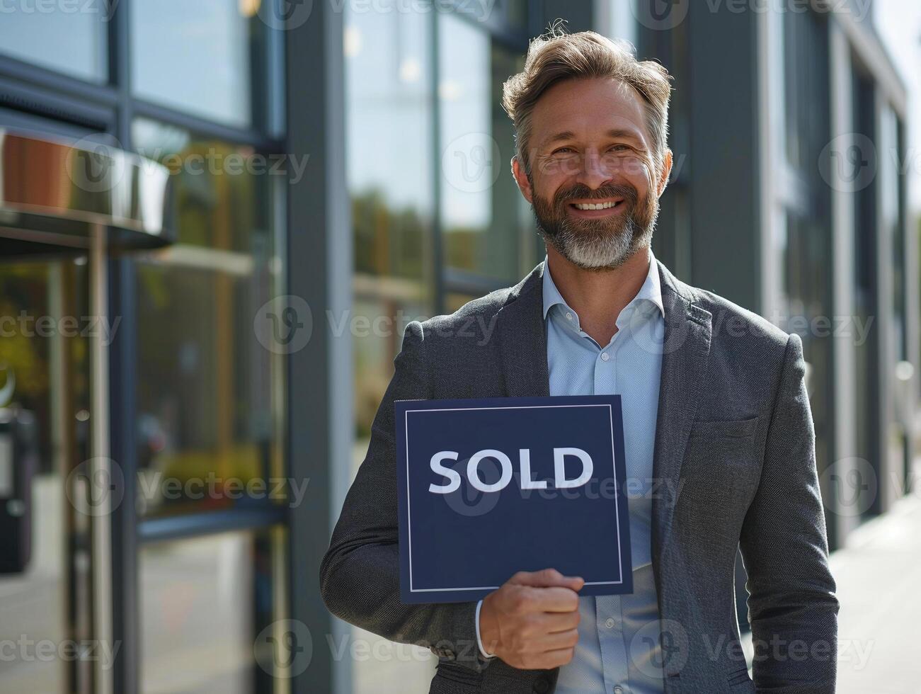Middle aged man real estate agent holding 'Sold' sign indicating successful sale photo