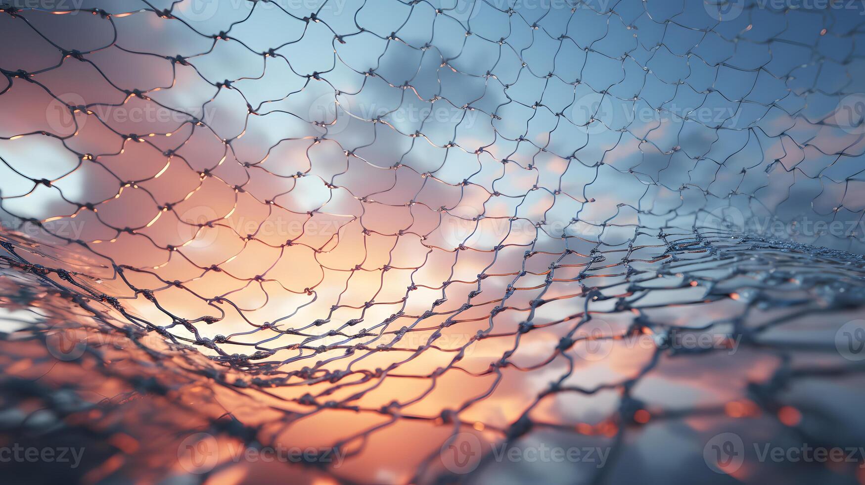 Old metal mesh against the background of sunset and clouds photo