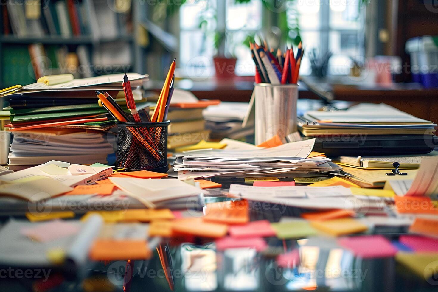 Busy workplace. A large amount of stationery, paper, documents, books and stickers lie on the table photo