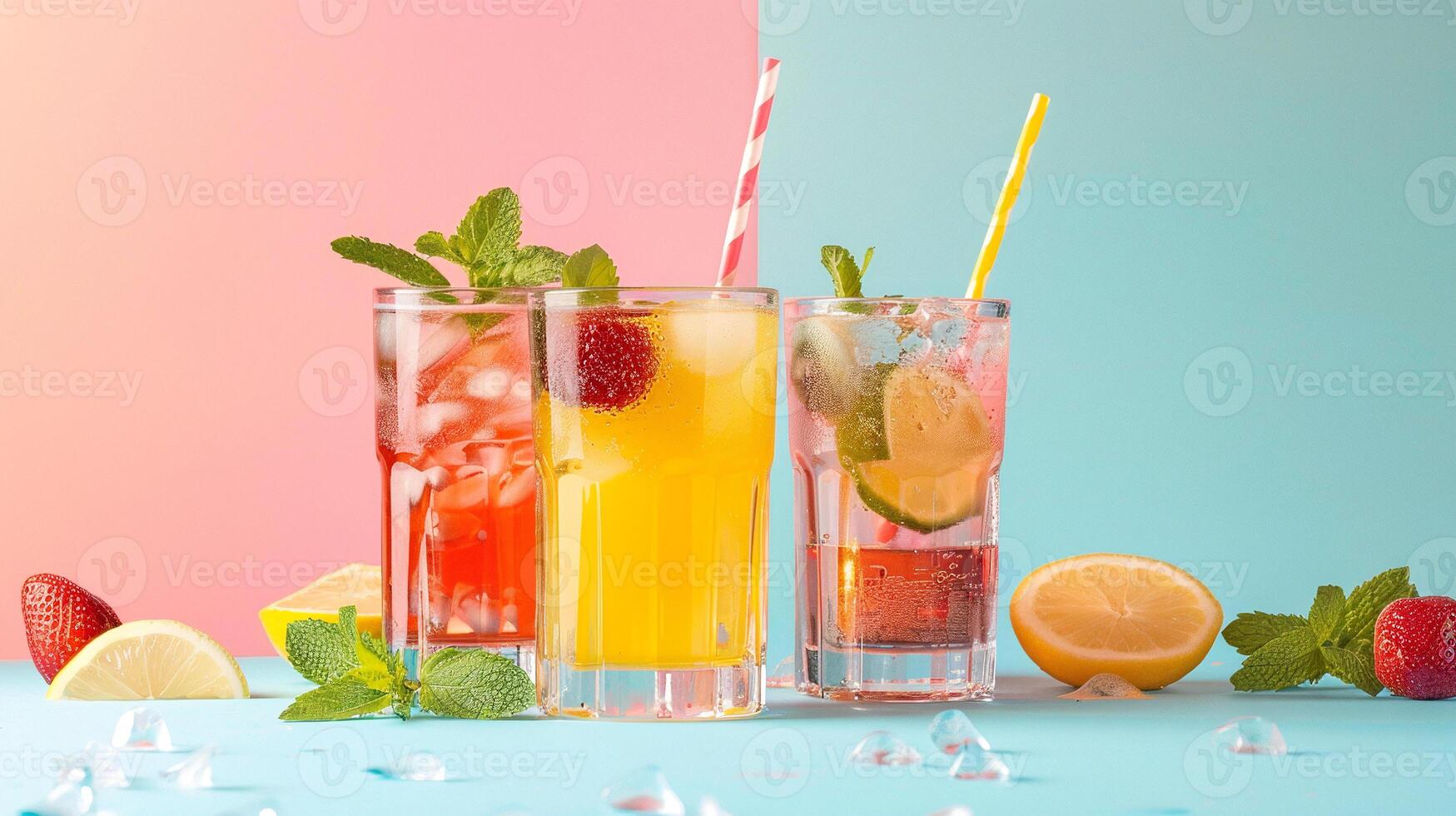 Cooling summer cocktails with berries and fruits on colored background photo