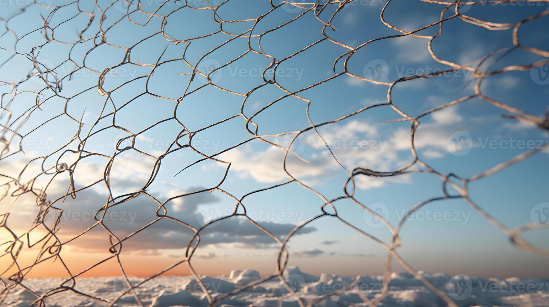 Old metal mesh against the background of sunset and clouds photo