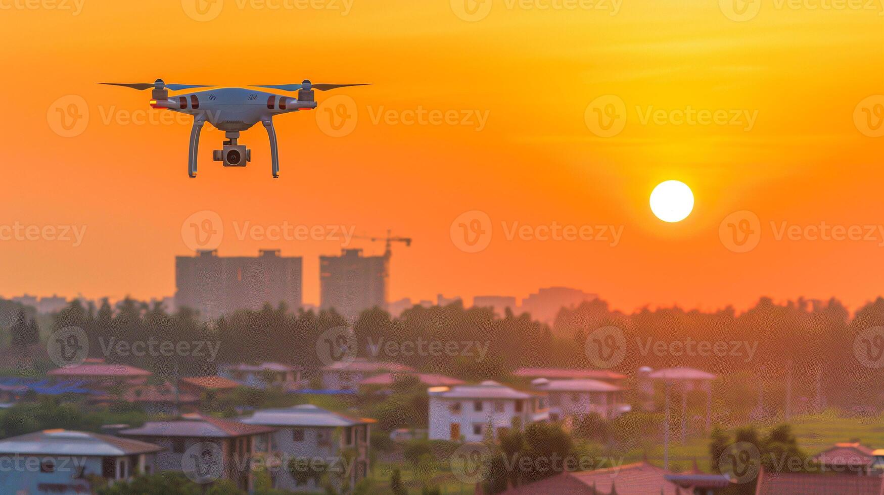Drone with camera hovered in air against the backdrop of city. The city is visible from behind photo