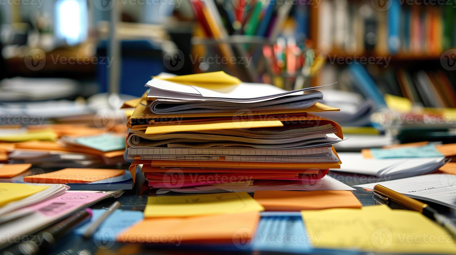 Busy workplace. A large amount of stationery, paper, documents, books and stickers lie on the table photo
