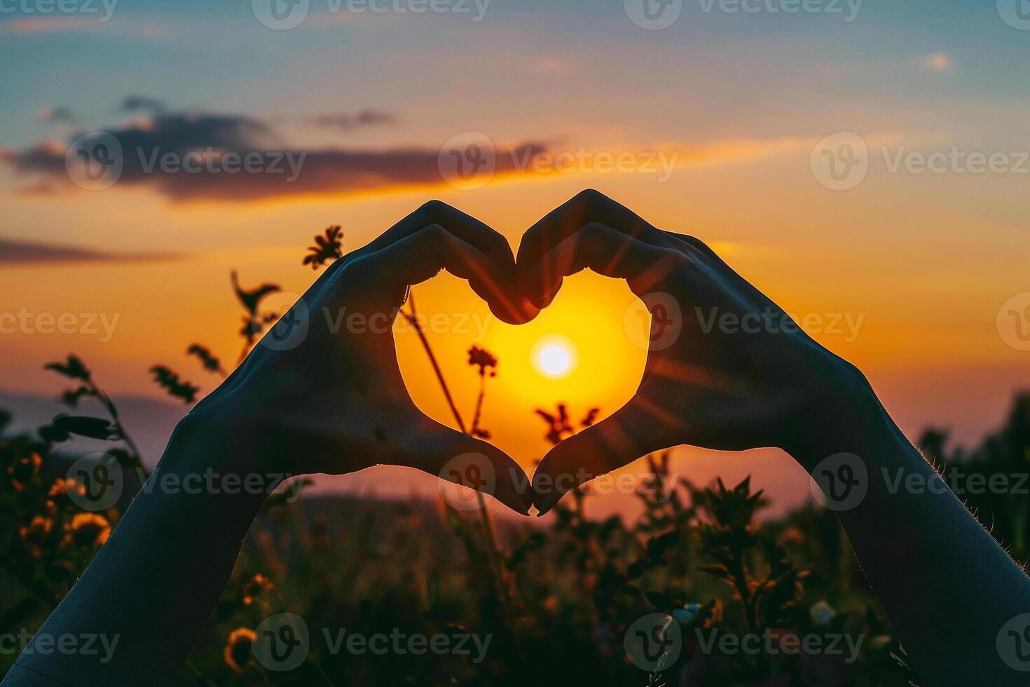 The person's hands are folded in the shape of heart and setting sun is in the center. Beautiful and romantic landscape photo