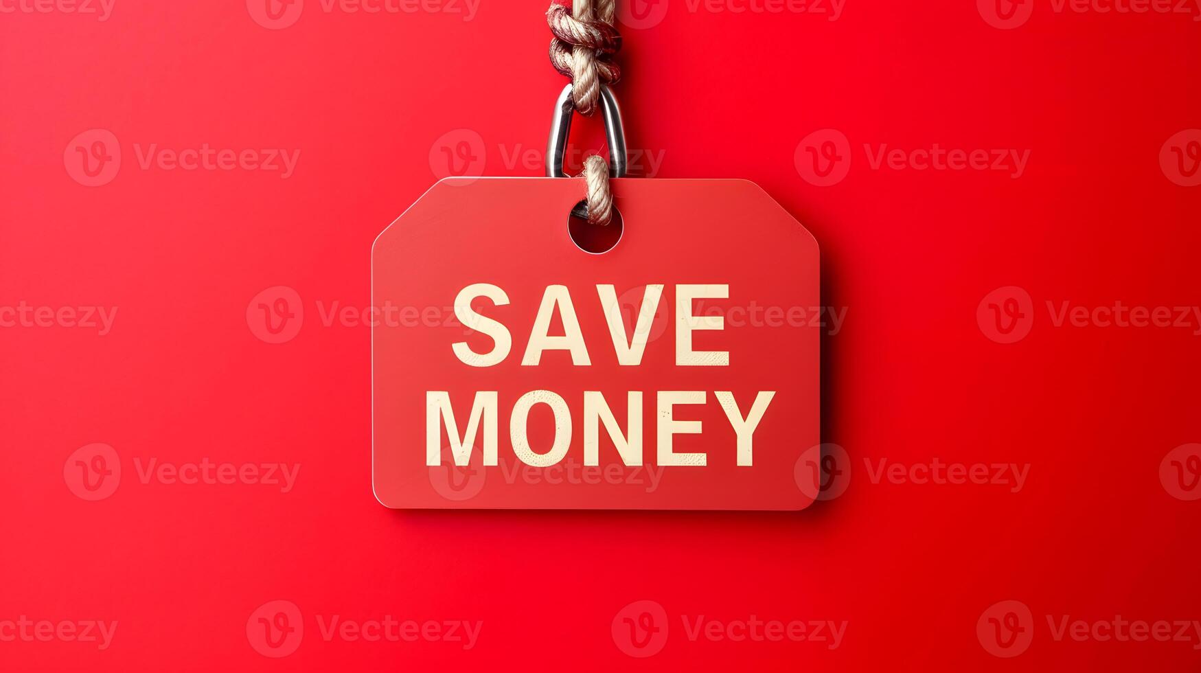 Red discount tag with 'Save Money' written on it. Saving money concept photo