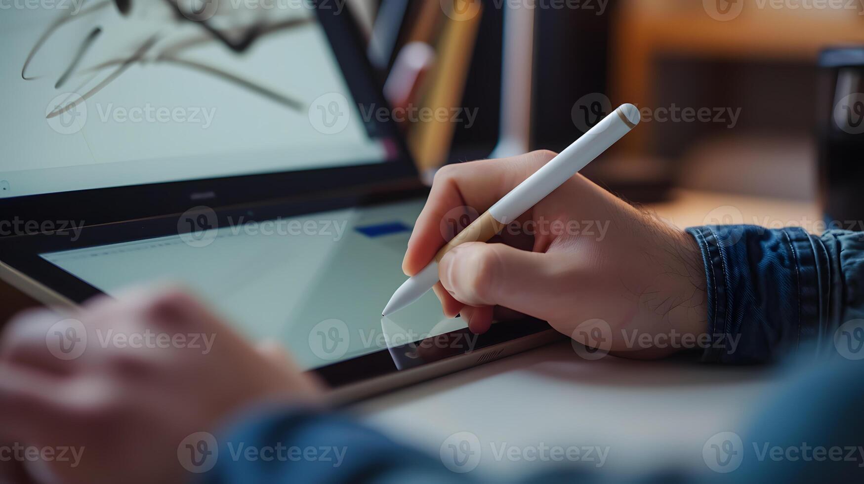 Digital artist holding the drawing pen and working with agraphics tablet. photo