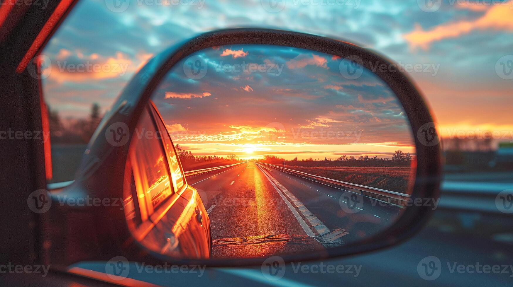 The setting sun on the side mirror of car. Beautiful landscape and road visible in the mirror photo