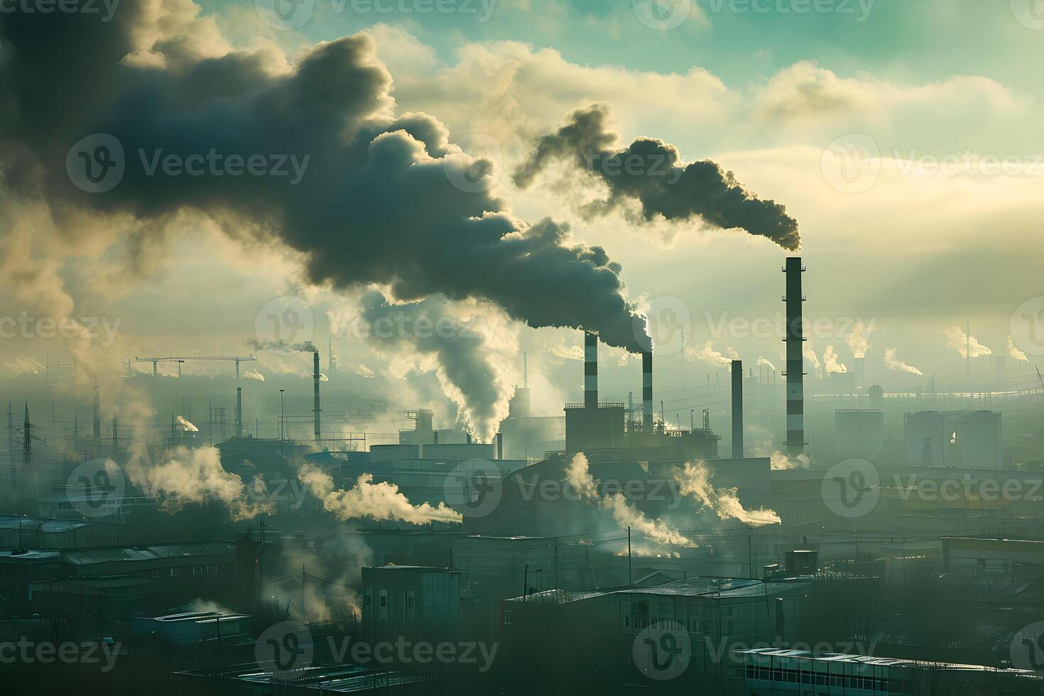 The concept of the problem of exhaust gas emissions into atmosphere by industrial enterprises. Photo shows a huge industrial plant and the amount of smoke and emissions generated during its operation.