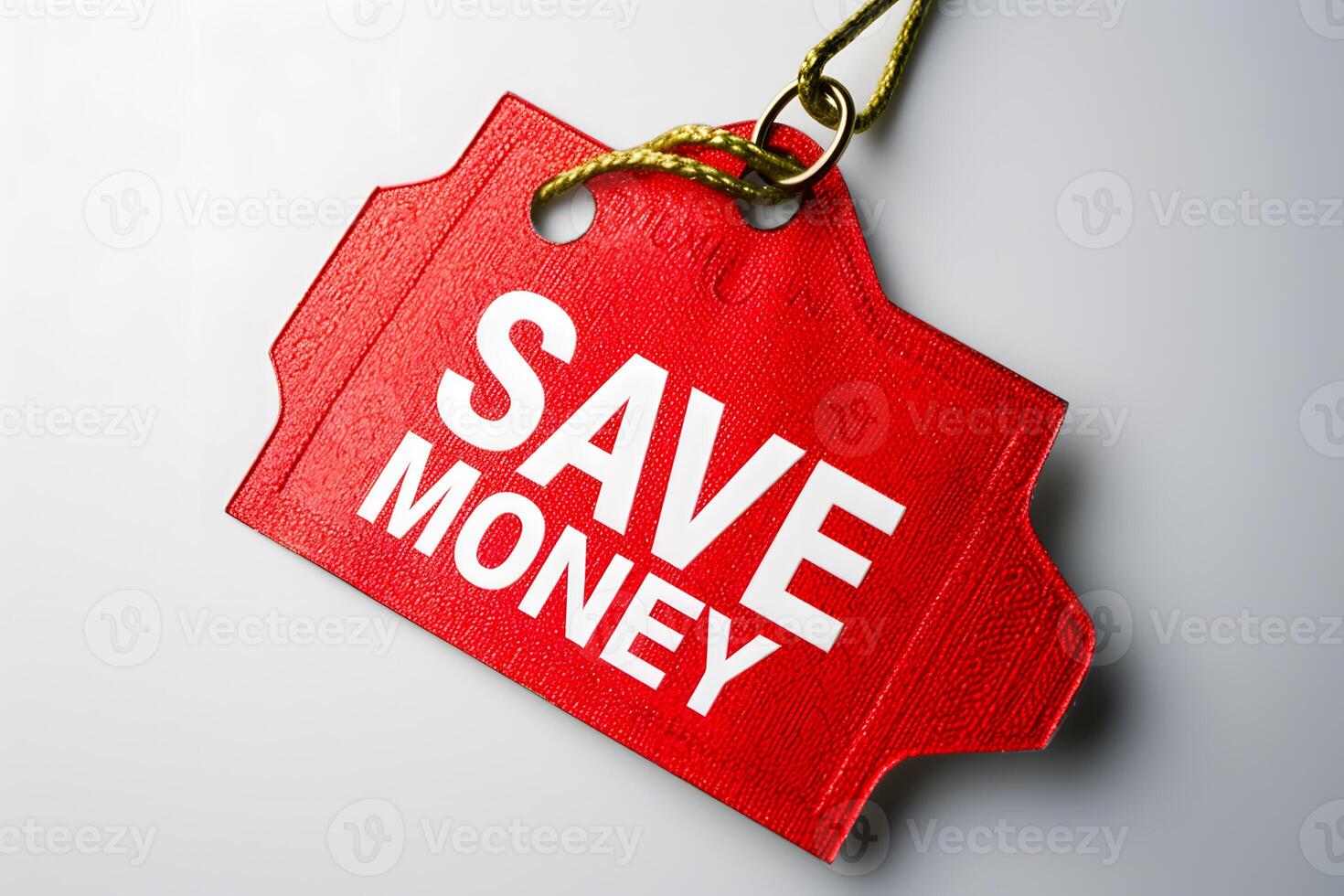 Red discount tag with 'Save Money' written on it. Saving money concept photo