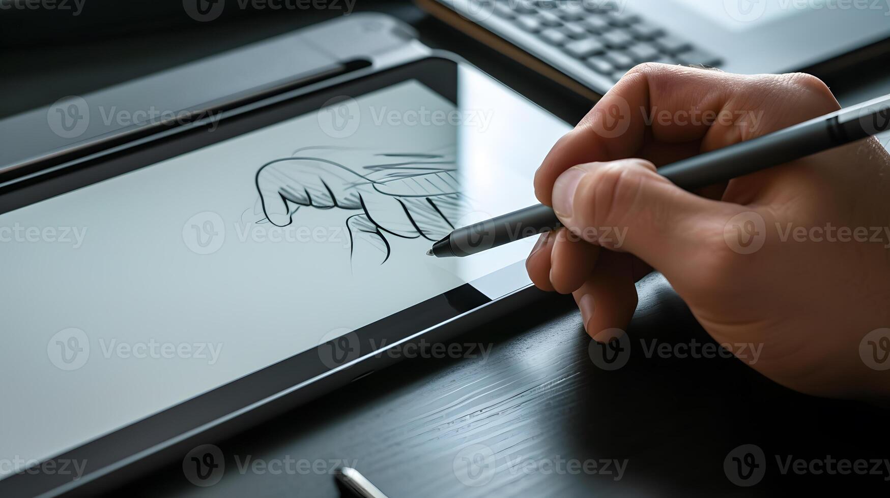 Digital artist holding the drawing pen and working with agraphics tablet. photo