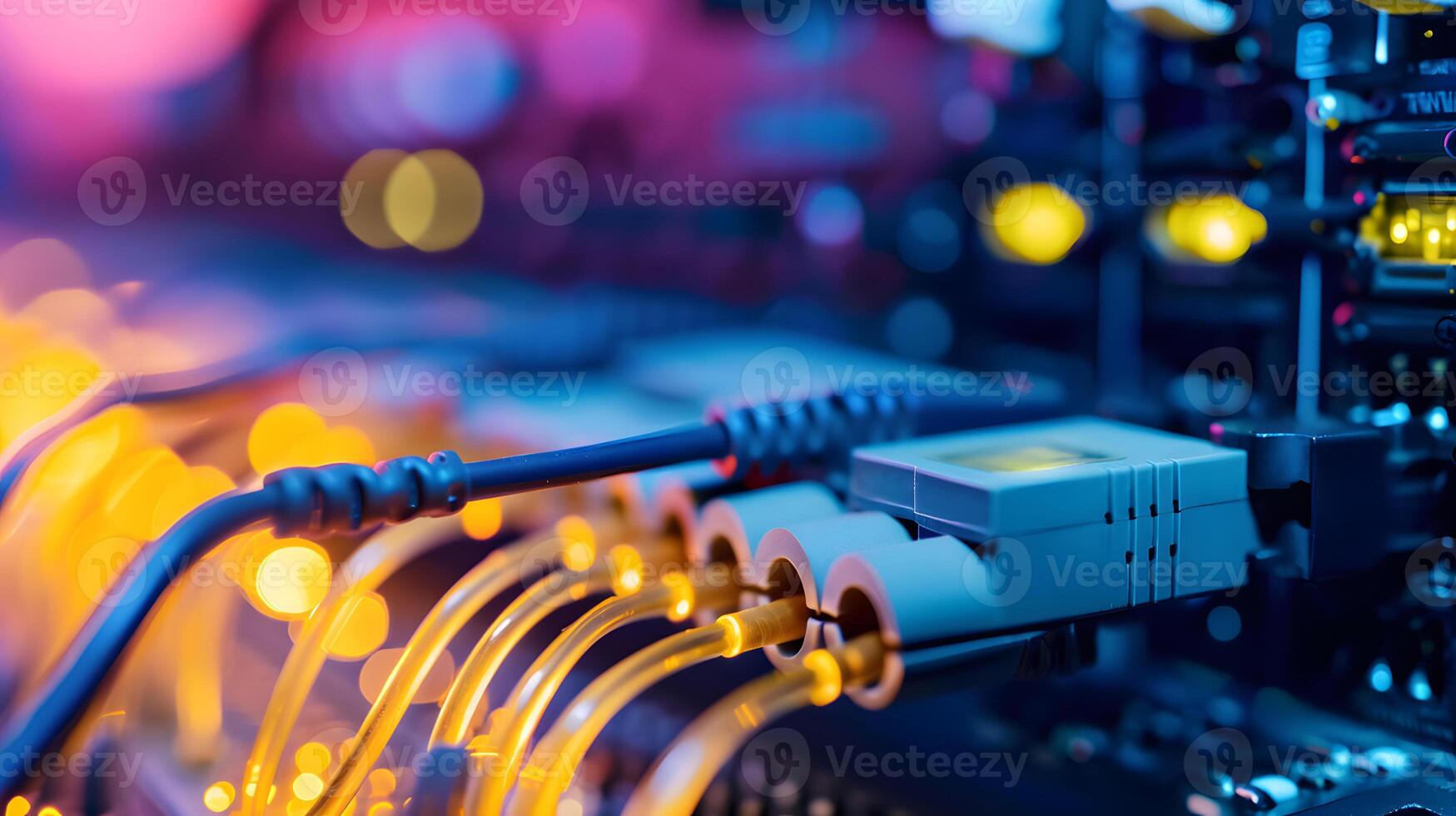 Patch panel with wires connected to it. Glowing indicators indicate the operation of the panel located in server rack. photo