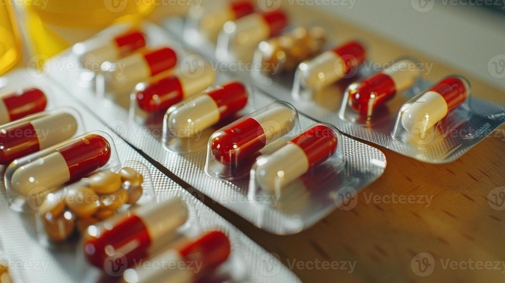 Pills instead of food. A large number of tablets or capsules lie on the table. Concept of maintaining health and dependence on medications photo