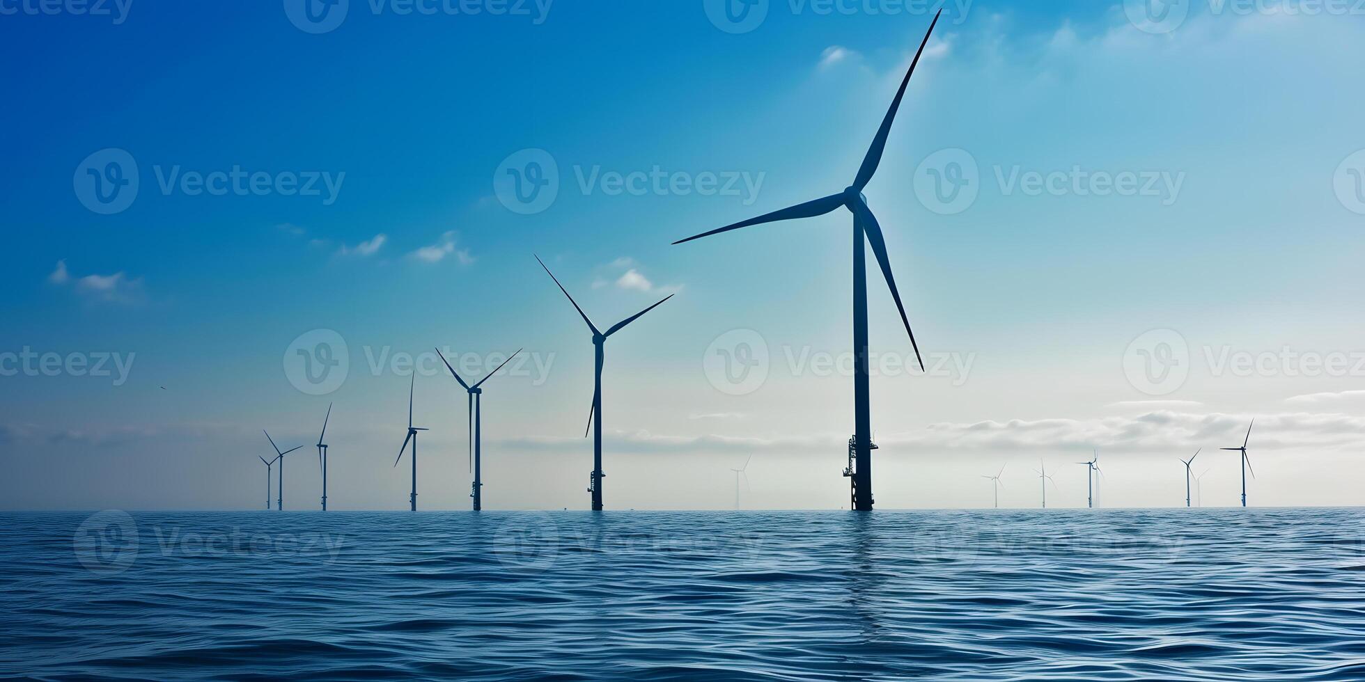 Huge windmills located in the water. The concept of generating electricity using wind. photo