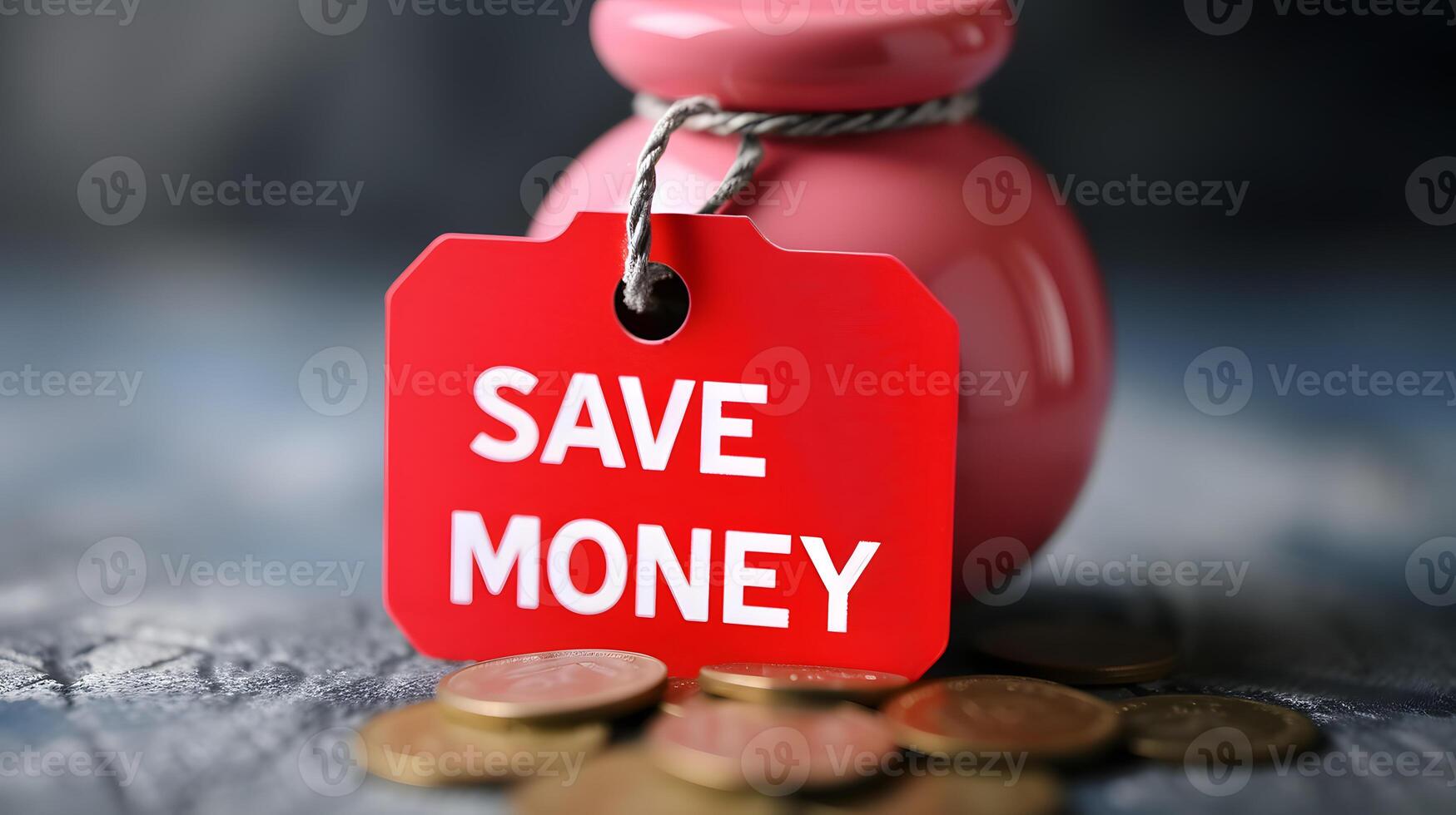 Red discount tag with 'Save Money' written on it. Saving money concept photo