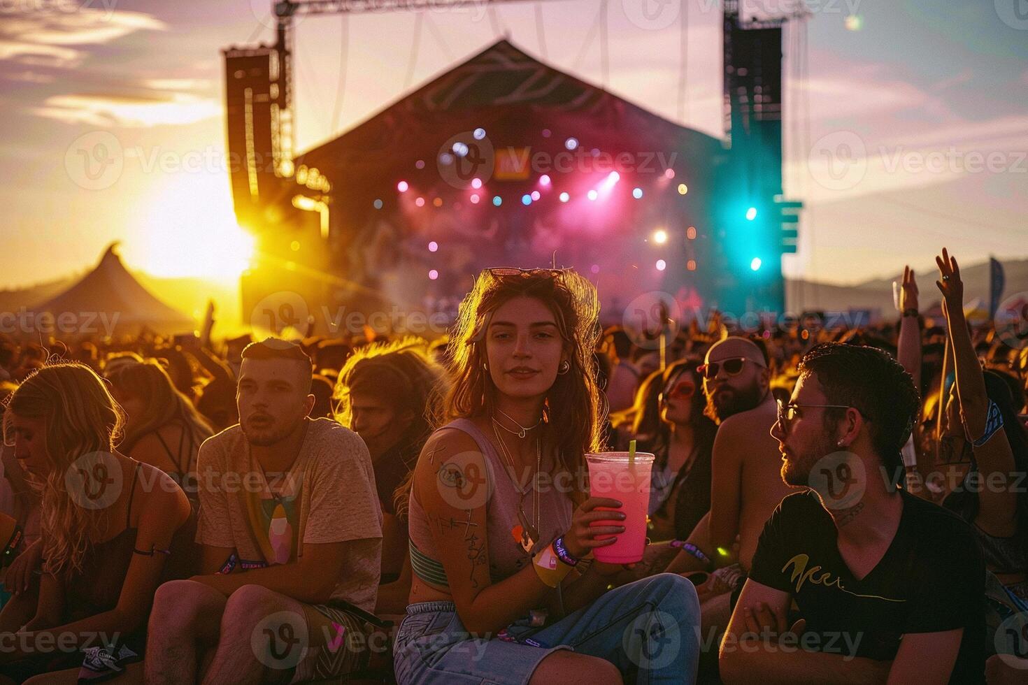 Open air concert. Stage and a large number of people having a good time at rave party or concert photo