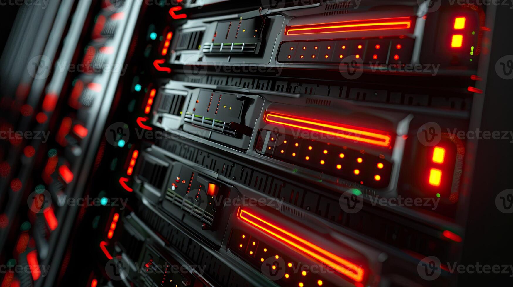 Row of network servers with glowing LED lights photo