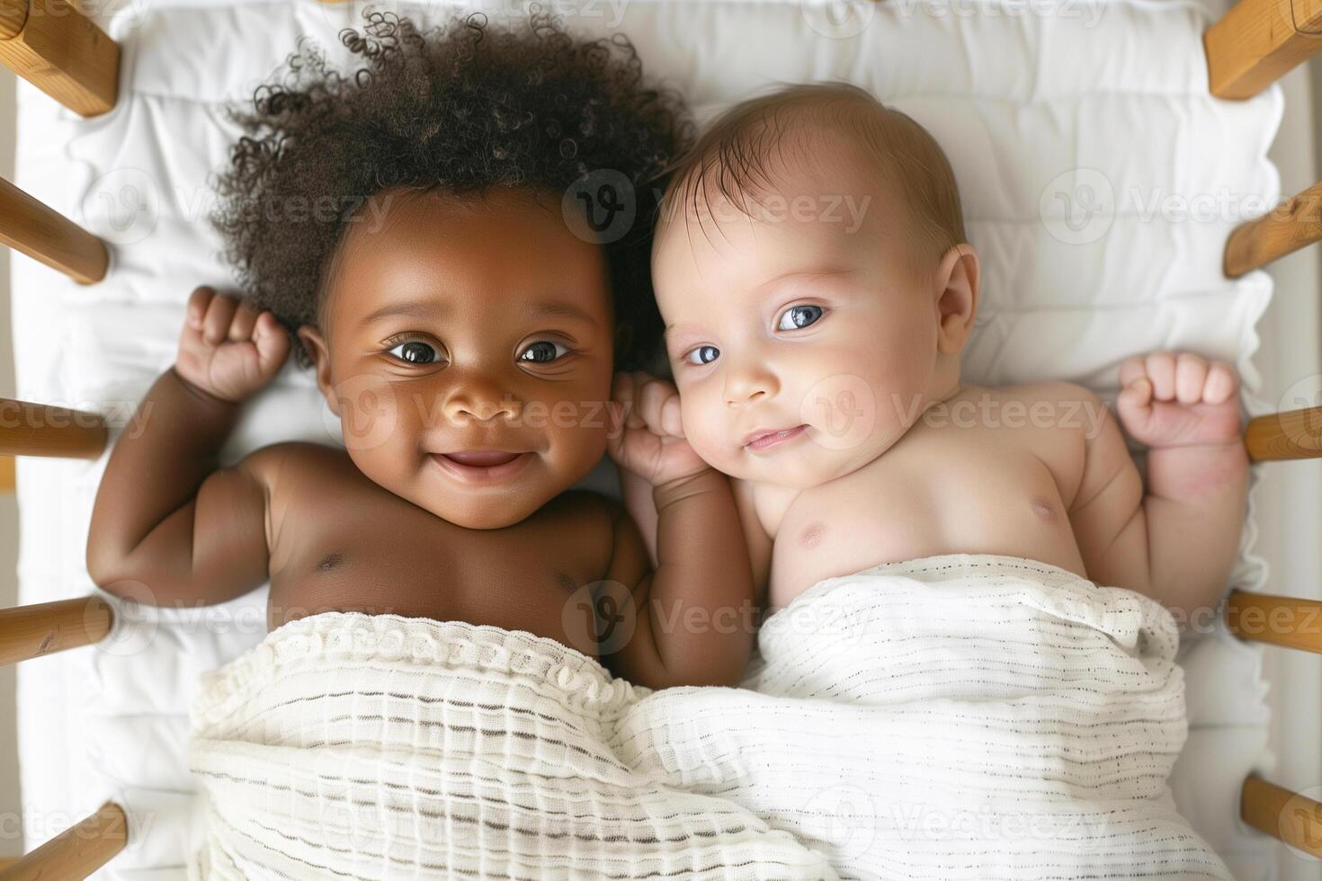 two happy smiling black and white babies in crib photo