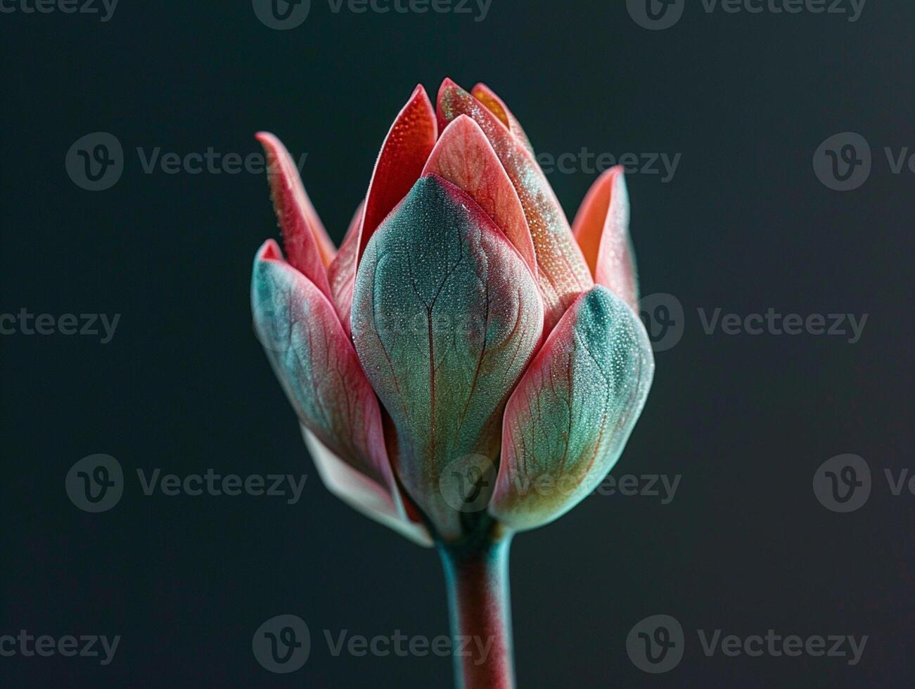 Opening bud of a pink flower with emerald leaves. Aesthetic macro photography, close-up with high sharpness and contrast photo