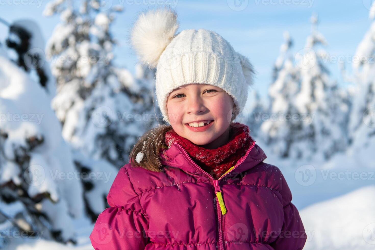 Portrait of a Beautiful Girl Delighting in Sunlight Amidst Snowy Peaks. photo