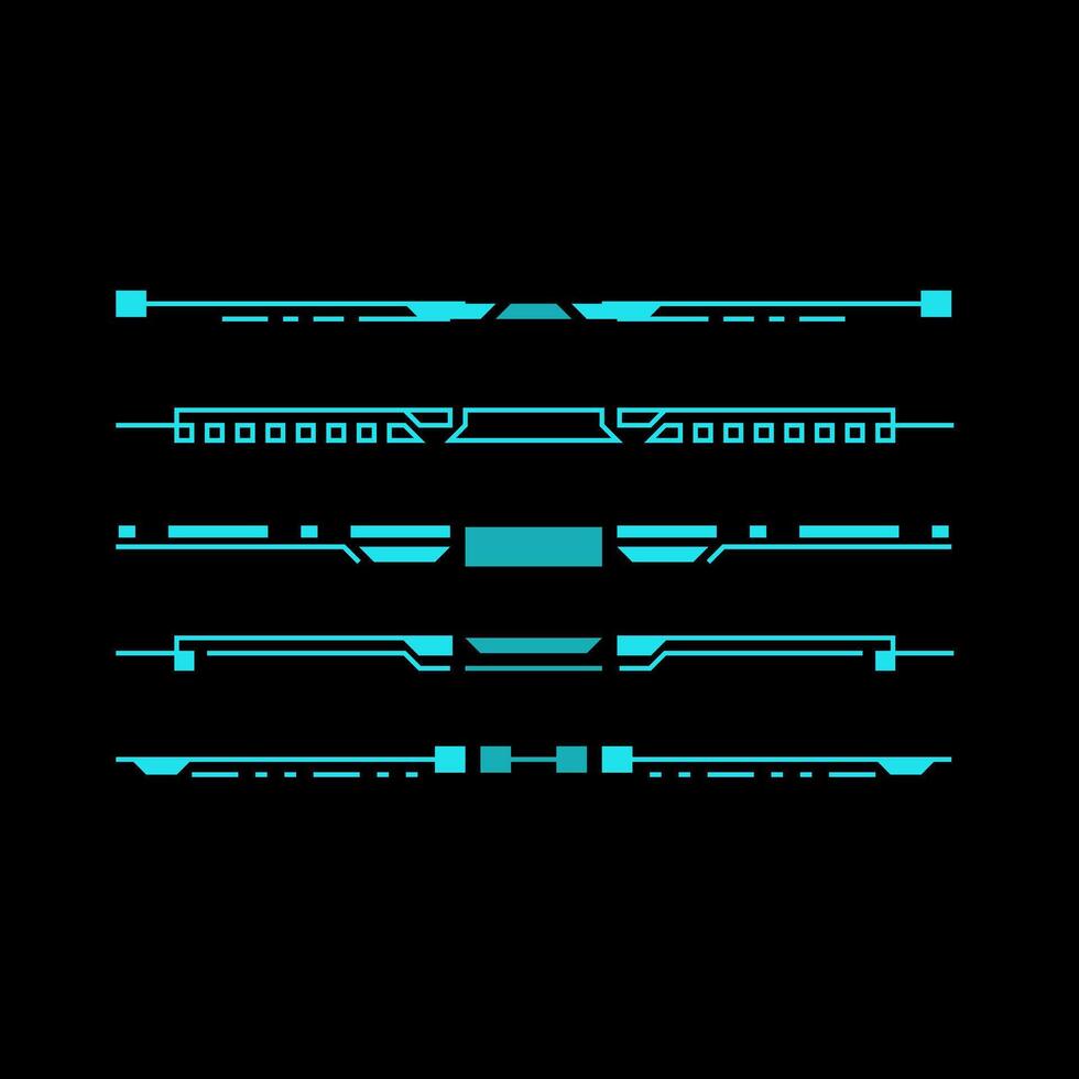 Futuristic HUD header and footer interface elements from Sci Fi and technology games. Future technology hologram screen frame border, blue text bar and divider, ui design vector