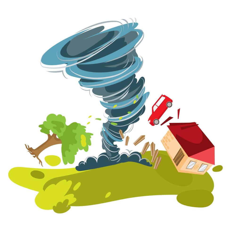 Tornado lifting houses, trees and cars into the air. Tornado catastrophe or tornado illustration. Dangerous Wind, twisted storm catastrophe cyclone cataclysm vector