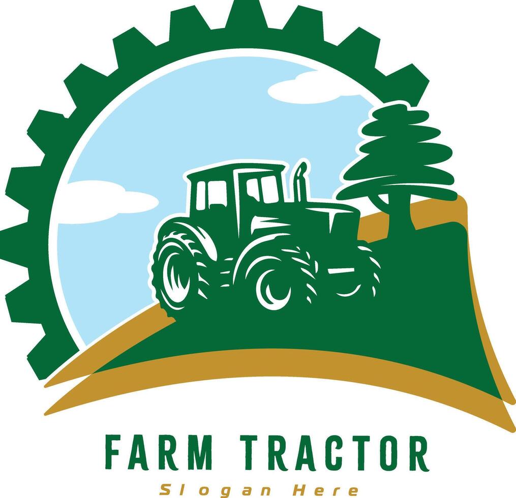 farm logo design with tractor in gear icon vector