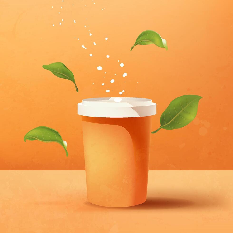 an orange paper cup with a white lid and leaves on it vector
