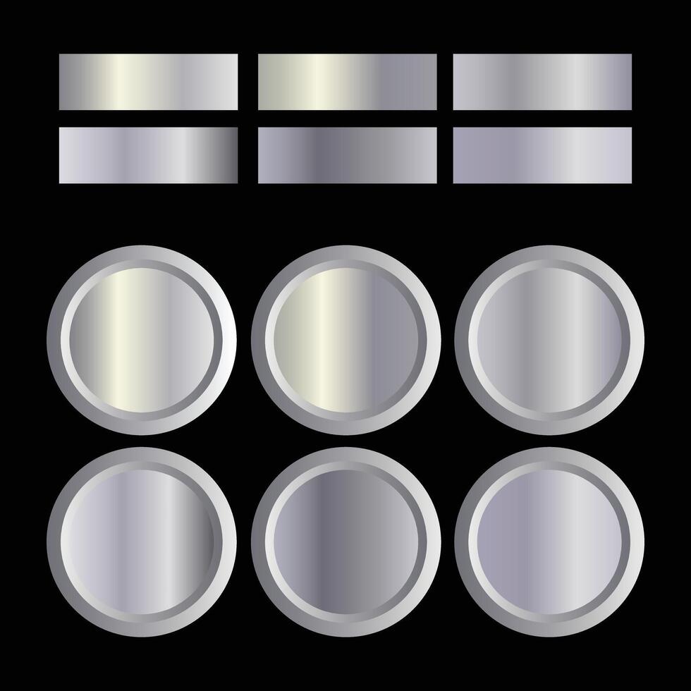 Metal gradient. Color set. Metallic collection. Gold, silver, pearl, bronze palette. Color collection. Steel, iron, aluminium, tin. Holographic background. Chrome texture. Chromium polish effect. vector