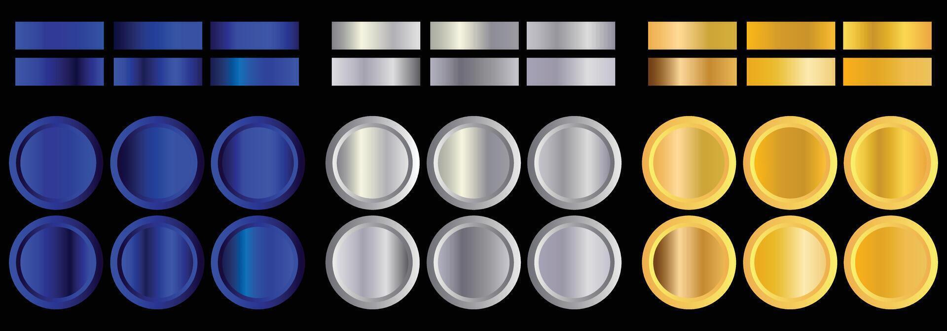 Metal gradient. Color set. Metallic collection. Gold, silver, pearl, bronze palette. Color collection. Steel, iron, aluminium, tin. Holographic background. Chrome texture. Chromium polish effect. vector