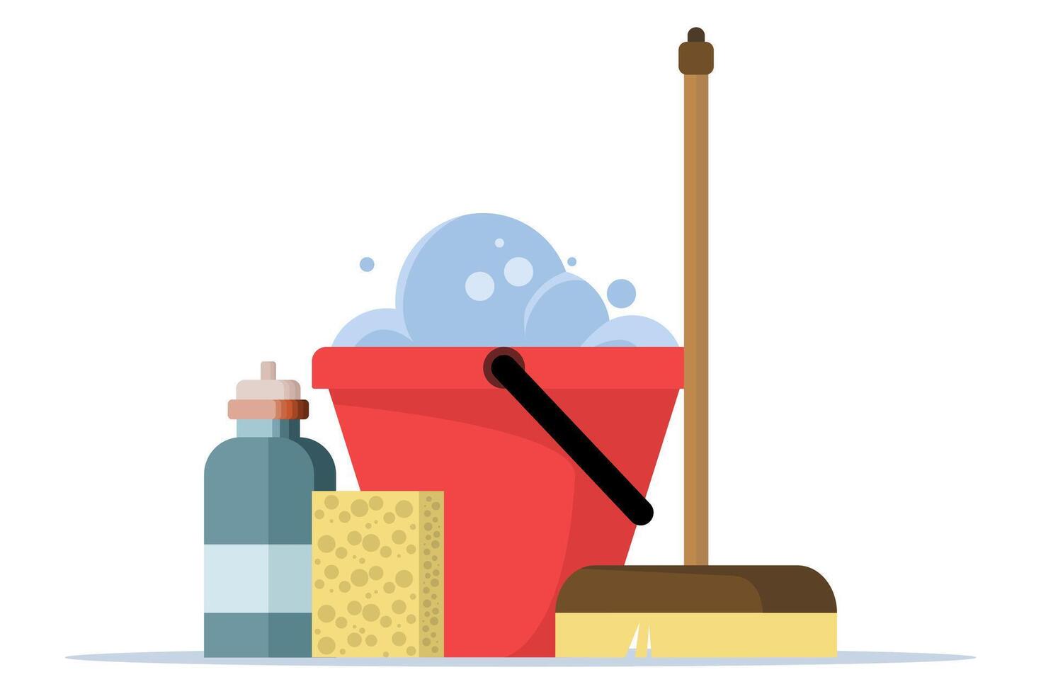 Cleaning equipment concept, water bucket icon, flat cartoon pail or pail with foam and bubbles, brush, foam sponge and soap, flat illustration isolated on background. vector