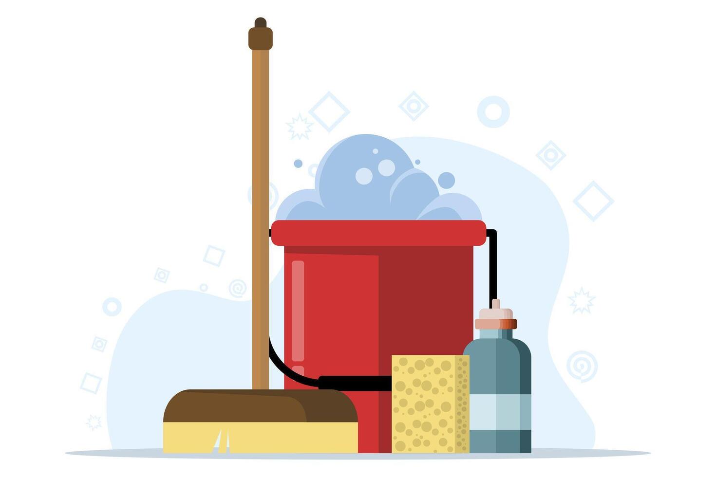 Cleaning equipment concept, water bucket icon, flat cartoon pail or pail with foam and bubbles, brush, foam sponge and soap, flat illustration isolated on background. vector