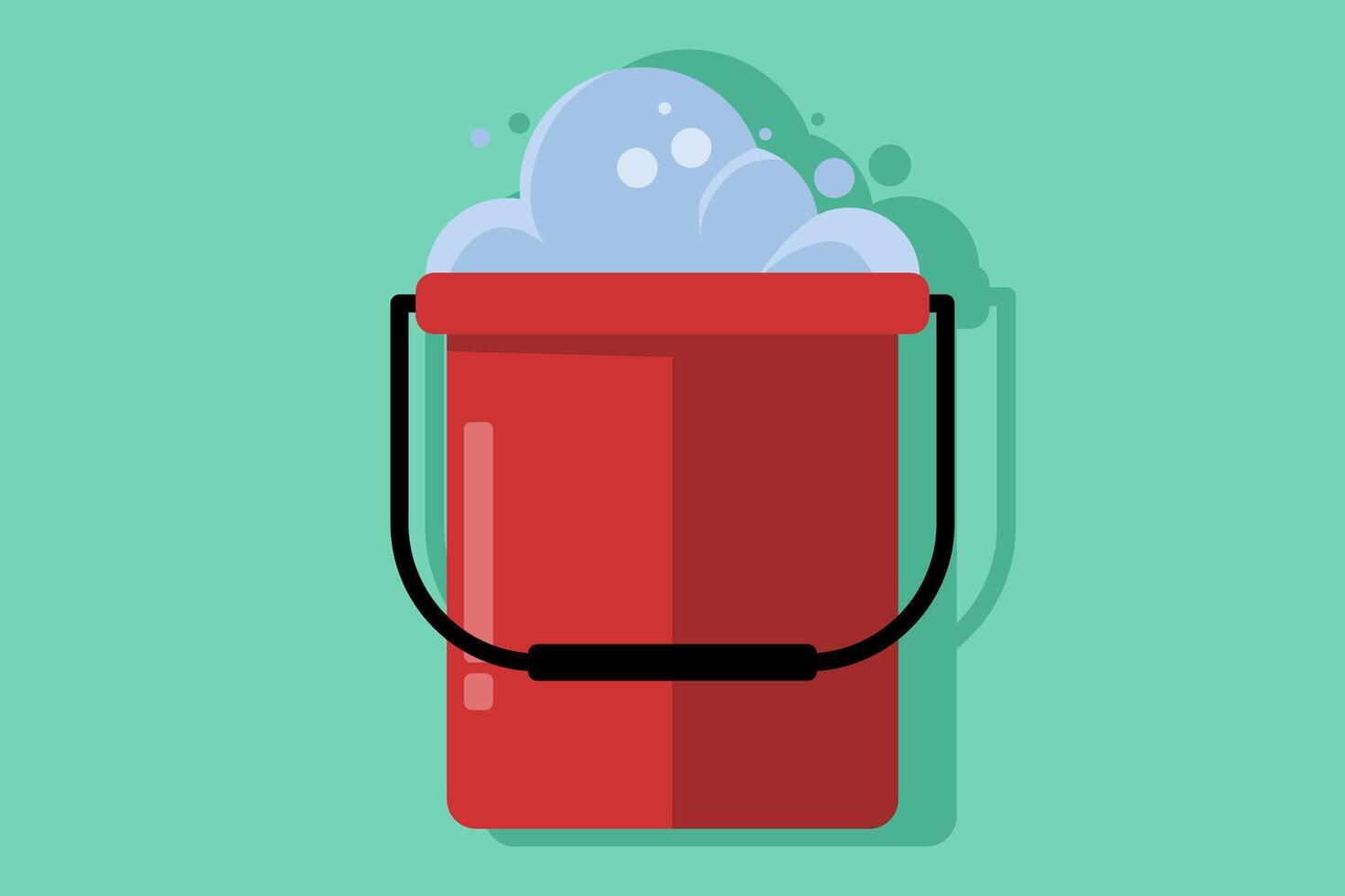 Cleaning equipment concept, water bucket icon, flat cartoon pail or pail with foam and bubbles, brush, foam sponge and soap, flat illustration isolated on background. vector