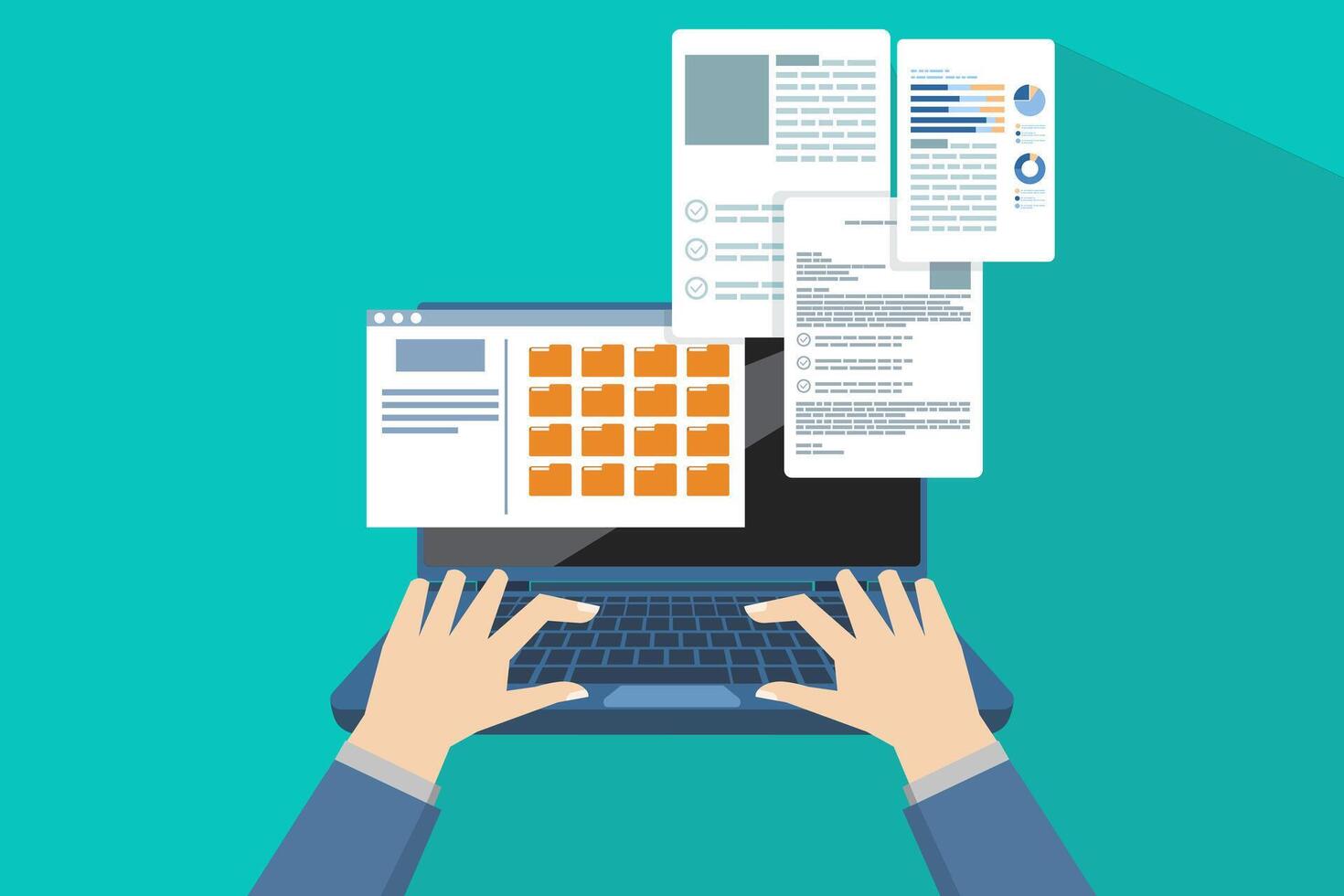 File manager or document storage concept, Laptop files and documents, Email Attachment Files, Online communication, Checking New Emails on Laptop Screen Display. flat illustration on background. vector