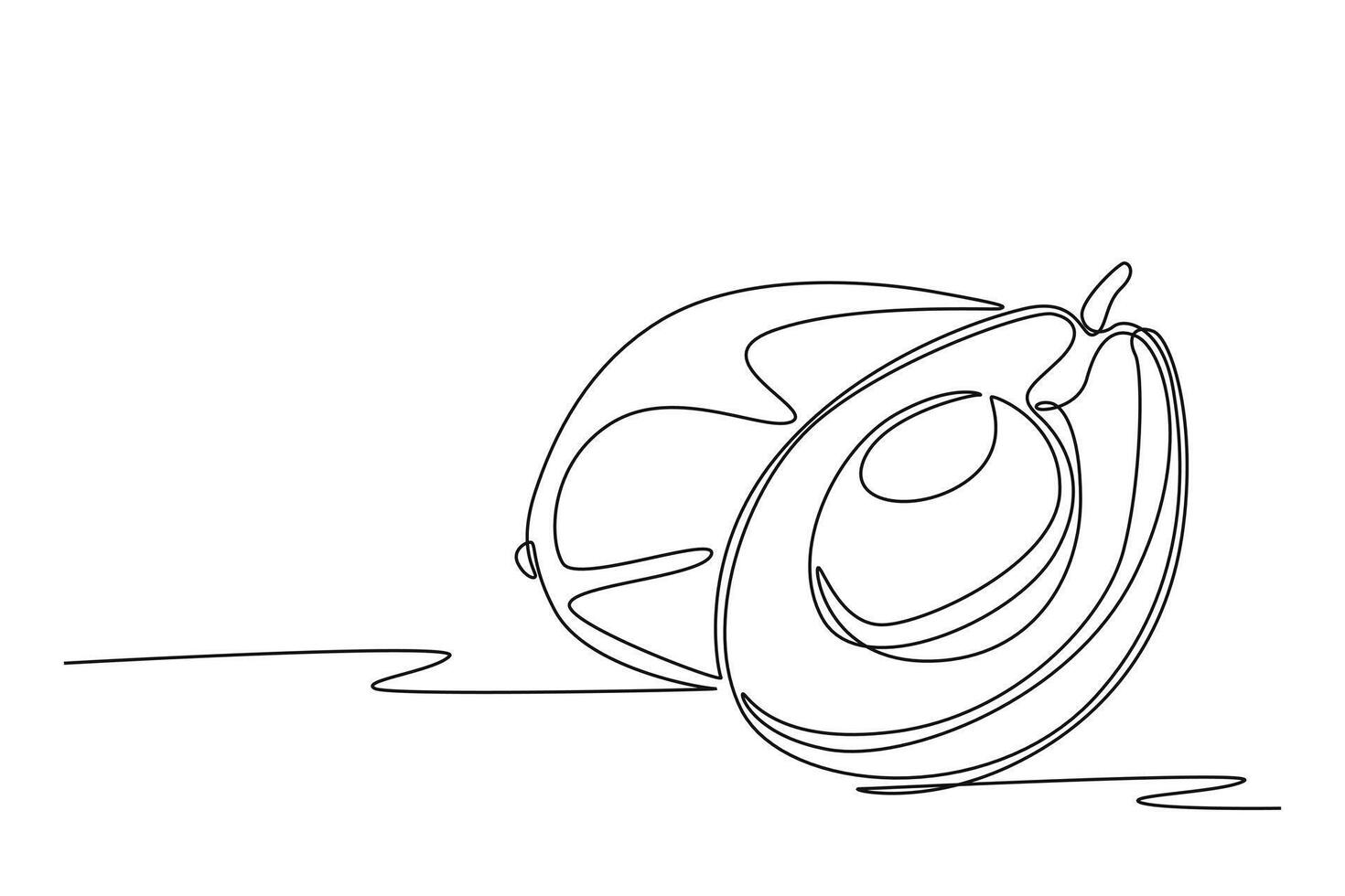 Single continuous line drawing of whole and sliced healthy organic avocado for orchard logo identity. Fresh fruitage concept for fruit garden icon. Dynamic one line graphic design illustration vector