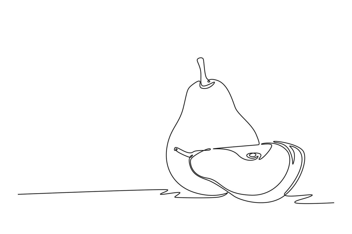 Continuous one line drawing of sliced and whole healthy pear organic for orchard logo identity. Fresh summer fruitage concept for fruit garden icon. Single line draw design graphic illustration vector