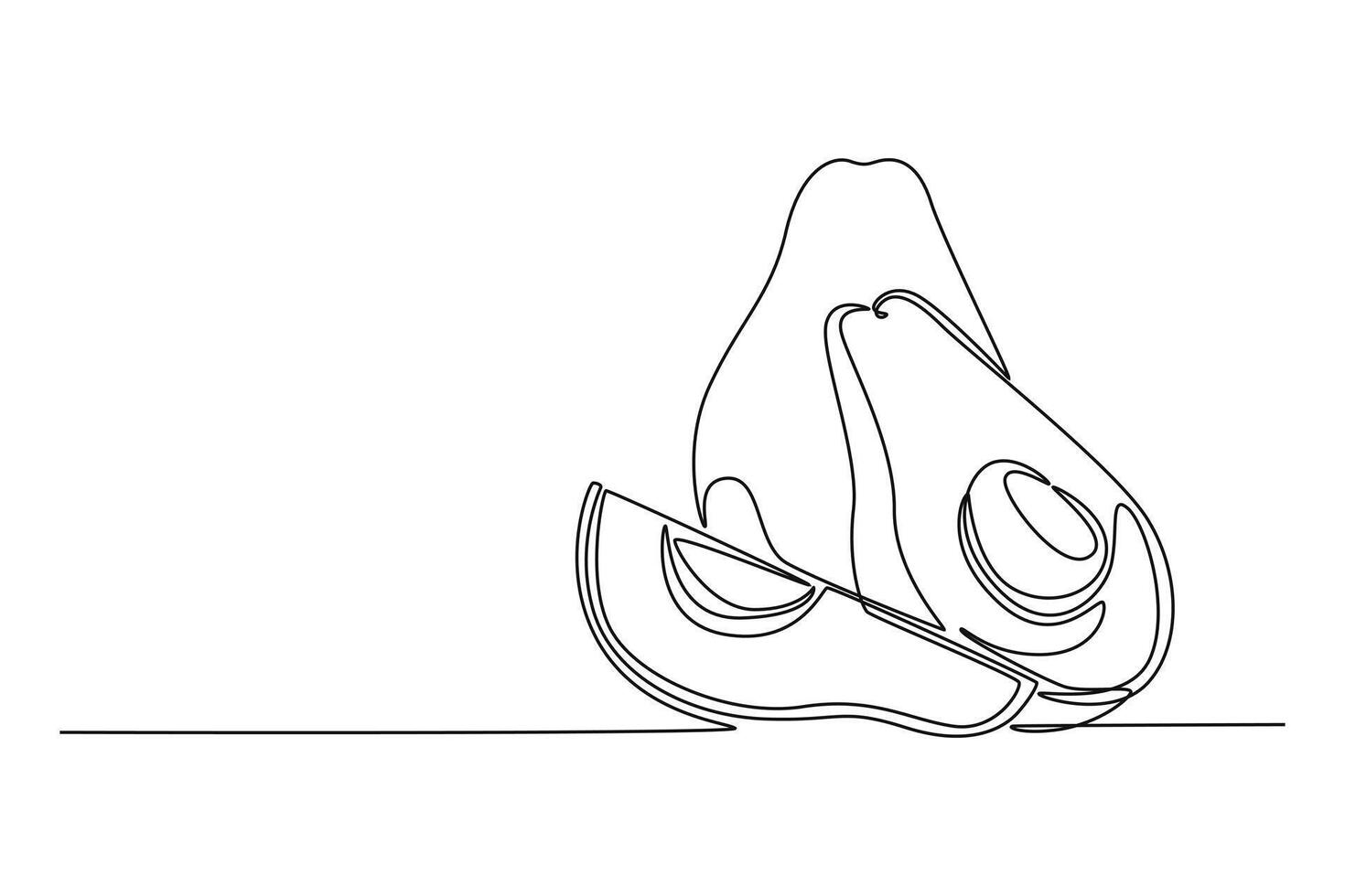 Single continuous line drawing whole and sliced healthy green organic avocado for orchard logo identity. Fresh fruitage concept for fruit garden icon. One line draw graphic design illustration vector