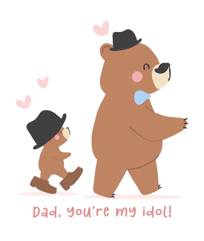 Fathers day bear happy baby follow daddy step walk together Heartwarming Cartoon Illustration vector