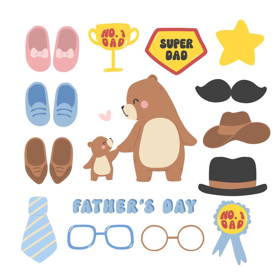 Fathers day bear element collection daddy and baby together Heartwarming Cartoon Illustration vector