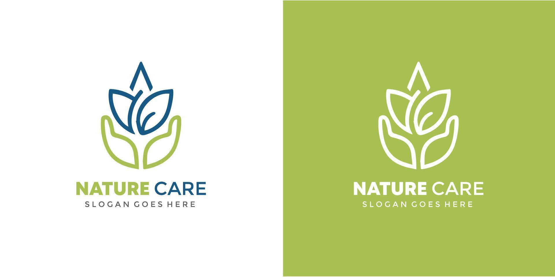 nature care logo with leaf and hand illustration Free SVG vector